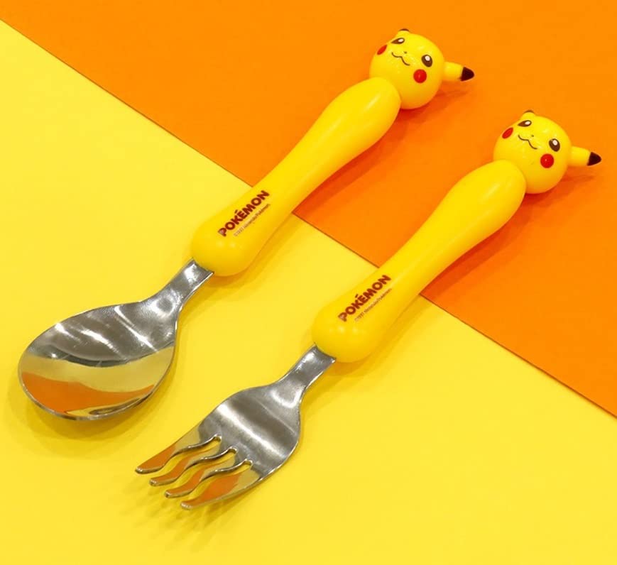 Generic Pikachu stainless steel fork and spoon set yellow handle; kid-friendly design for meals