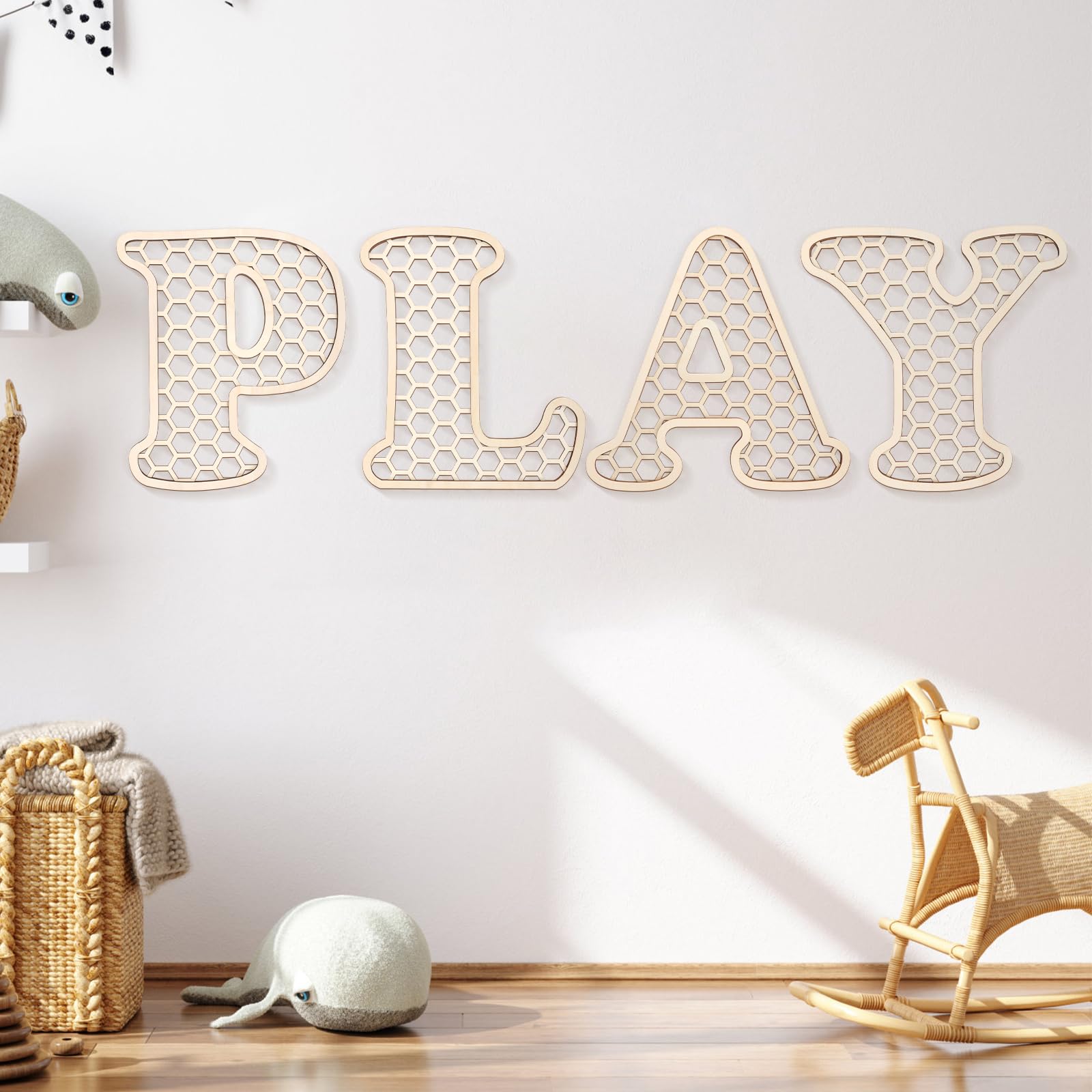 Generic Play Sign wooden letters on wall with warm rustic finish for a cozy playroom.