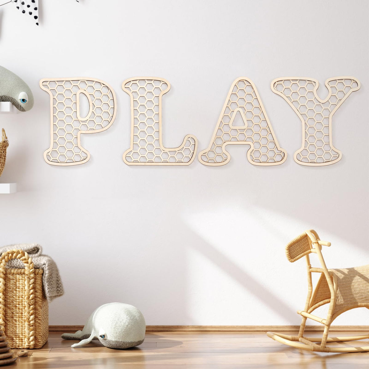 Generic Play Sign wooden letters on wall with warm rustic finish for a cozy playroom.