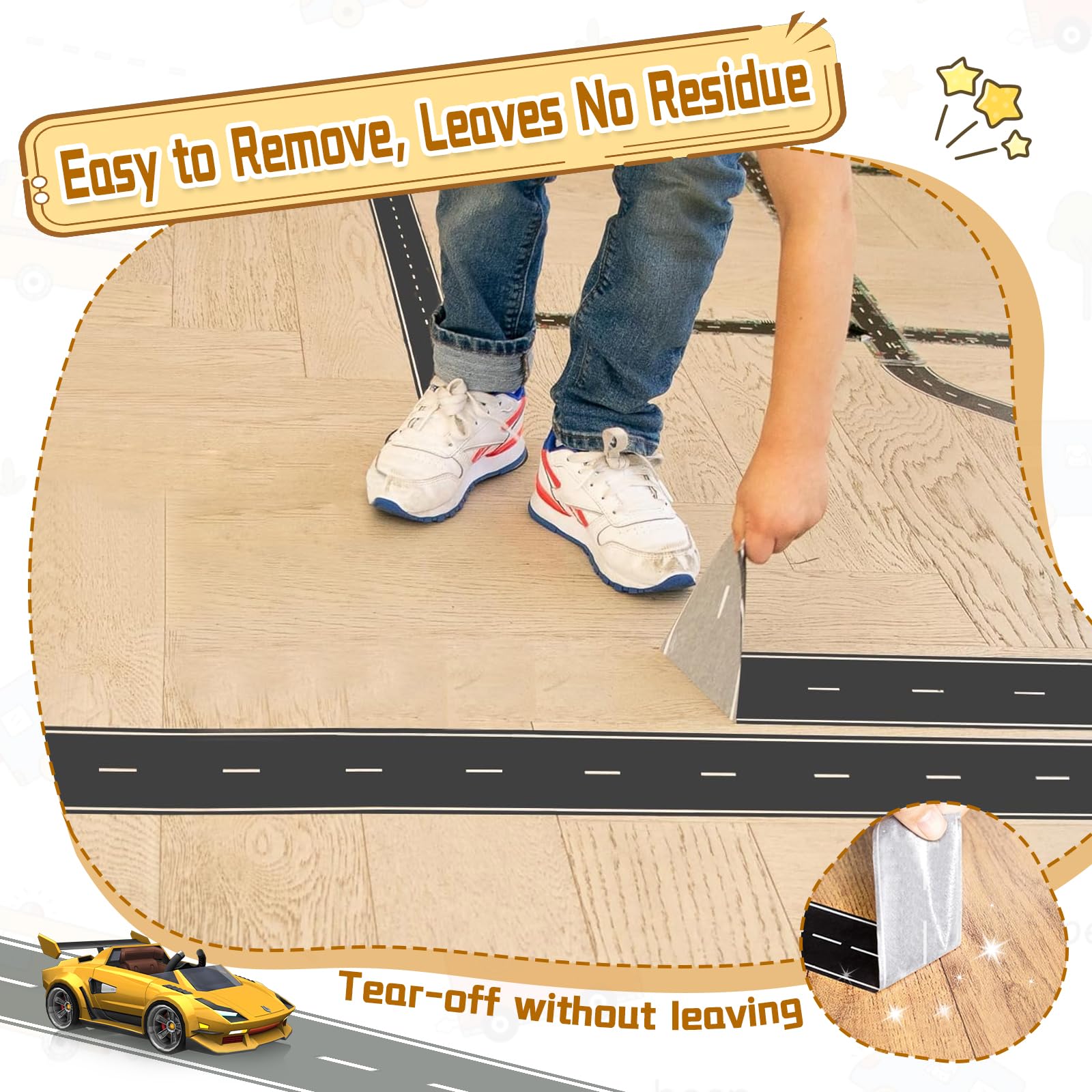 Generic residue-free road tape on the floor forms durable kid-friendly race tracks.