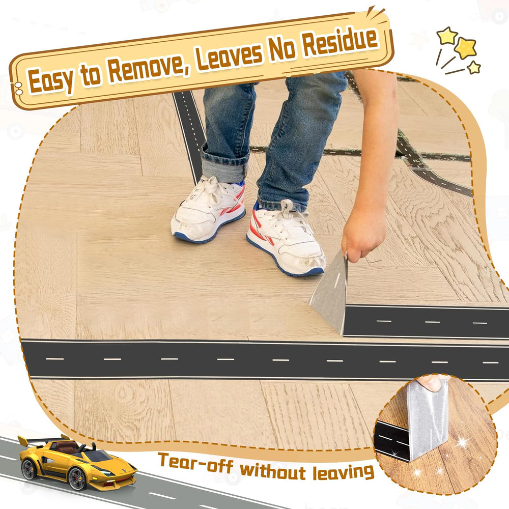 Generic residue-free road tape on the floor forms durable kid-friendly race tracks.