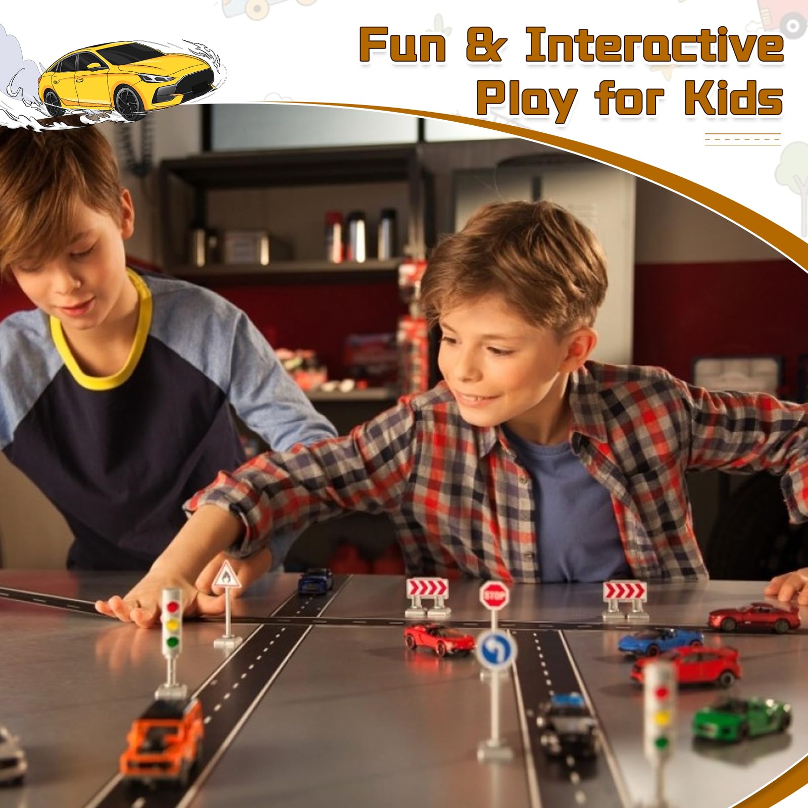 Generic residue-free road tape playroom setup creates instant racing lanes for imaginative play.