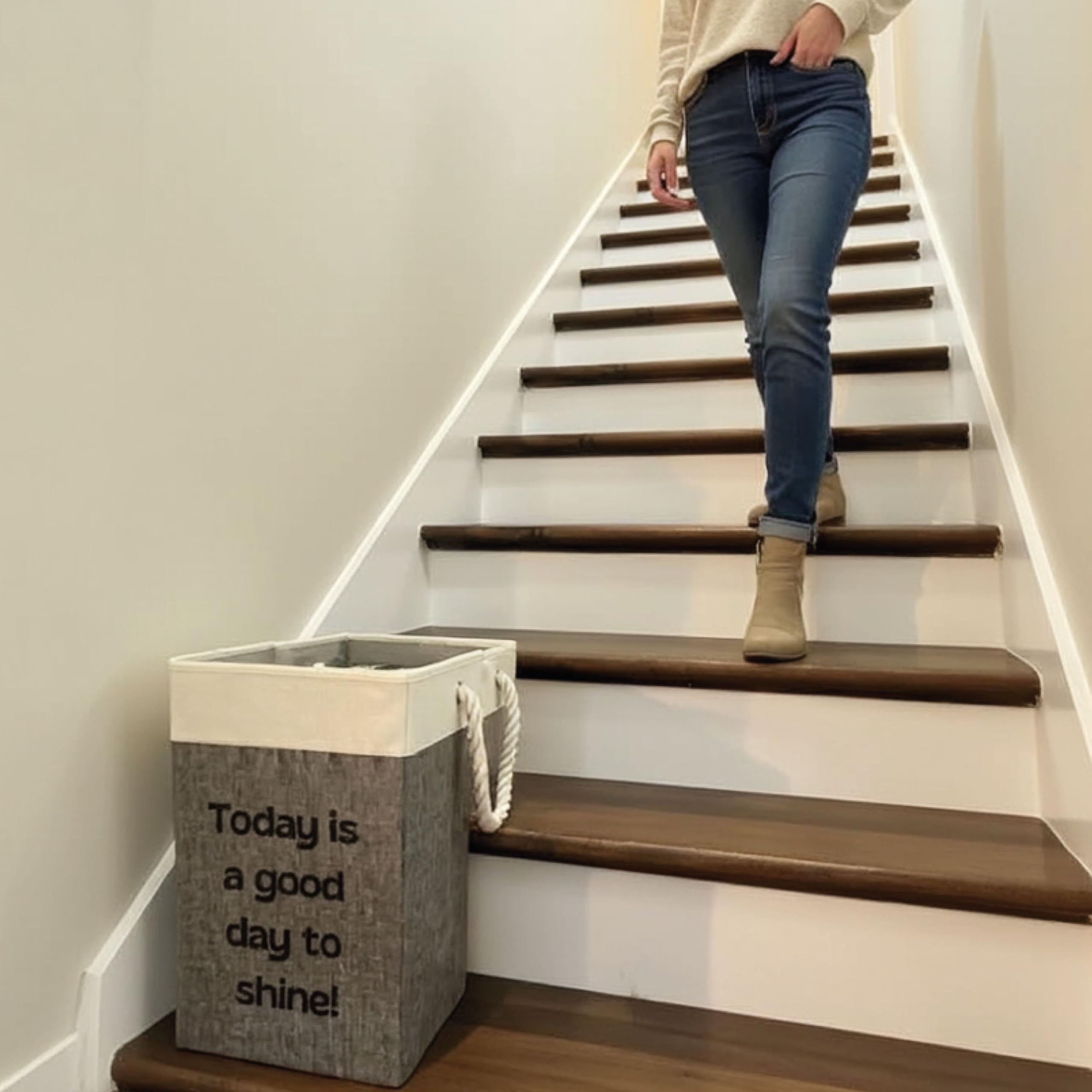 Generic Thiella stair basket on carpeted stairs demonstrates versatile storage for books and clothing