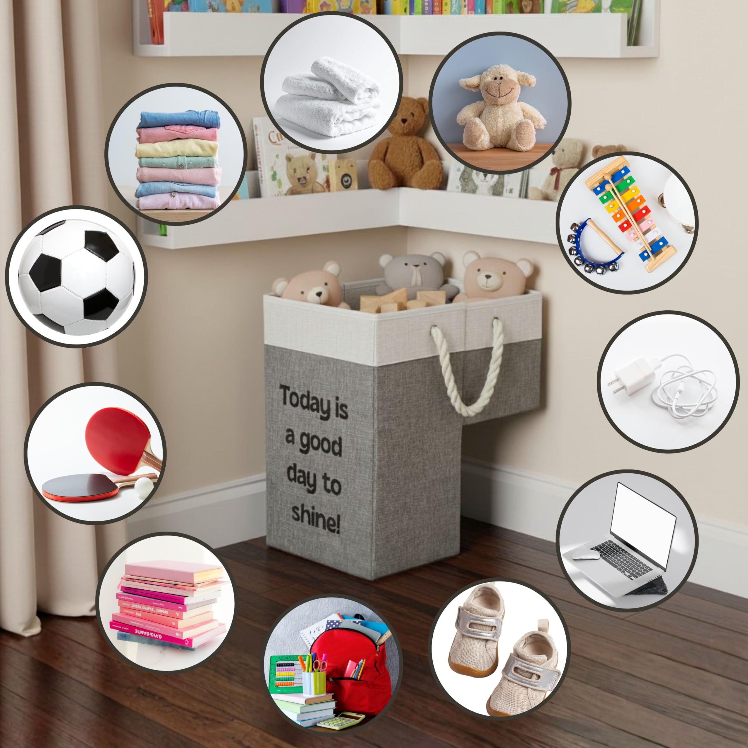 Generic Thiella stair basket toy organizer on carpeted stairs keeps play items accessible