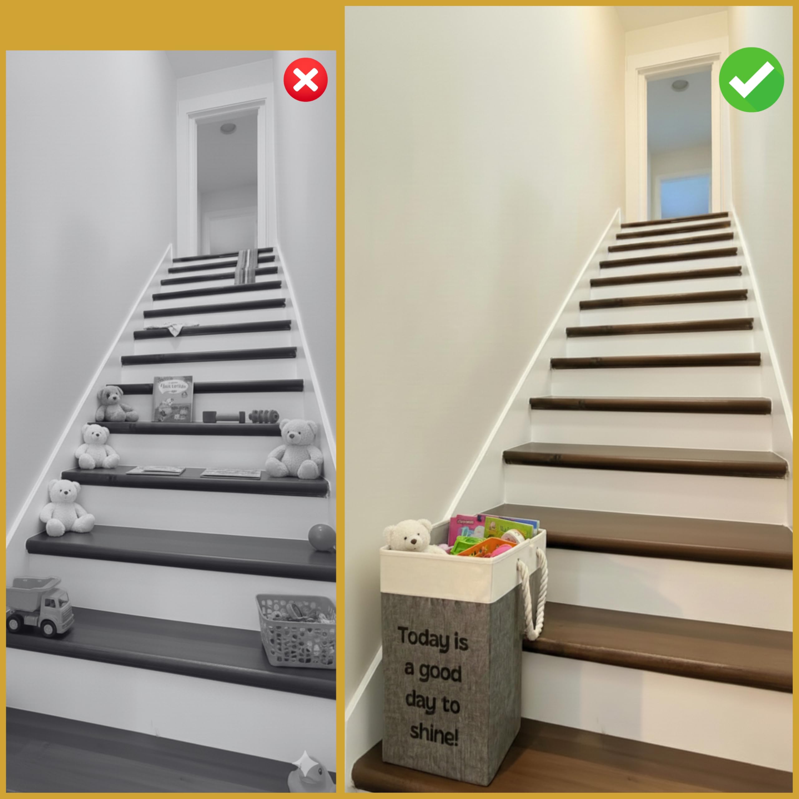 Generic Thiella stair basket with wooden stairs shows durable fabric holds weight without sagging