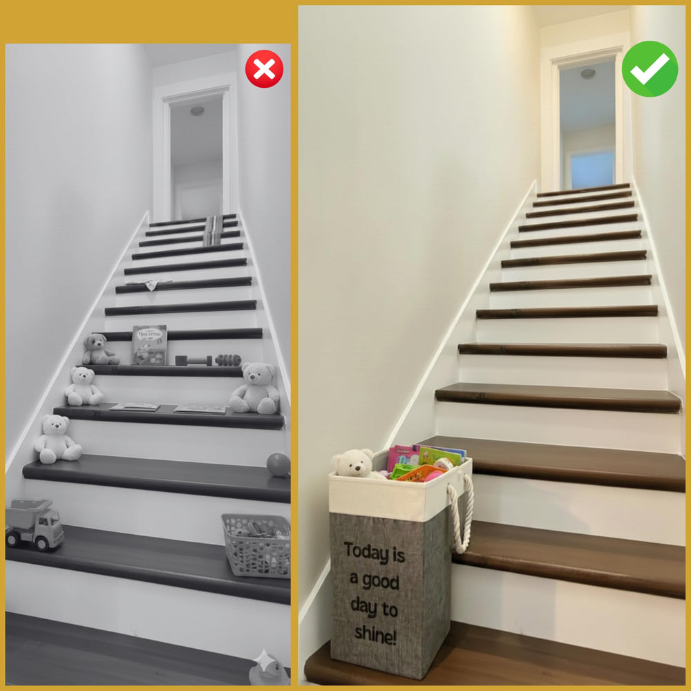 Generic Thiella stair basket with wooden stairs shows durable fabric holds weight without sagging