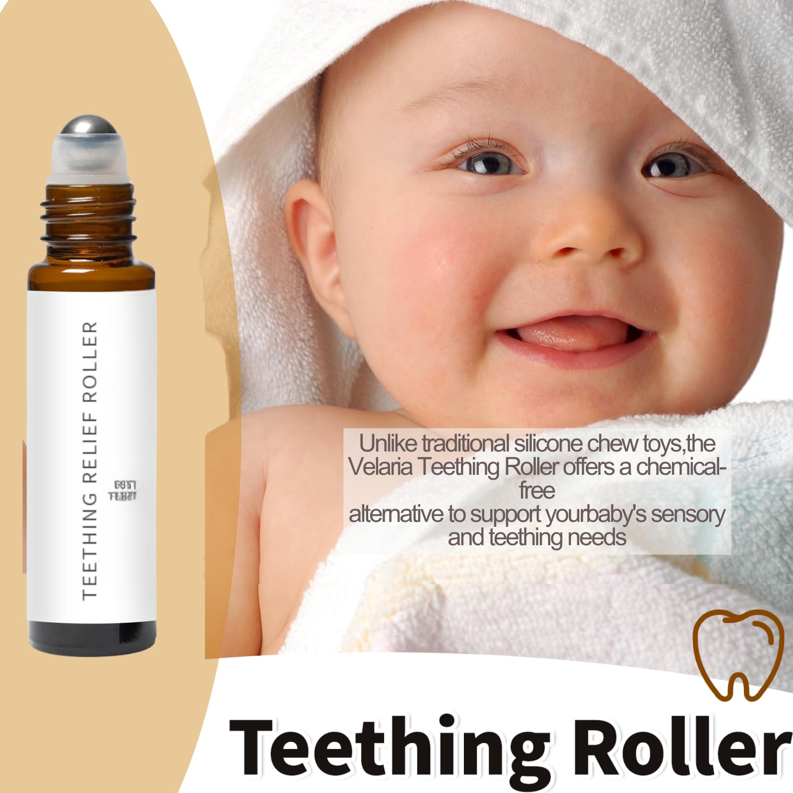 Generic Velaria teething roller application closeup for gentle gum soothing
