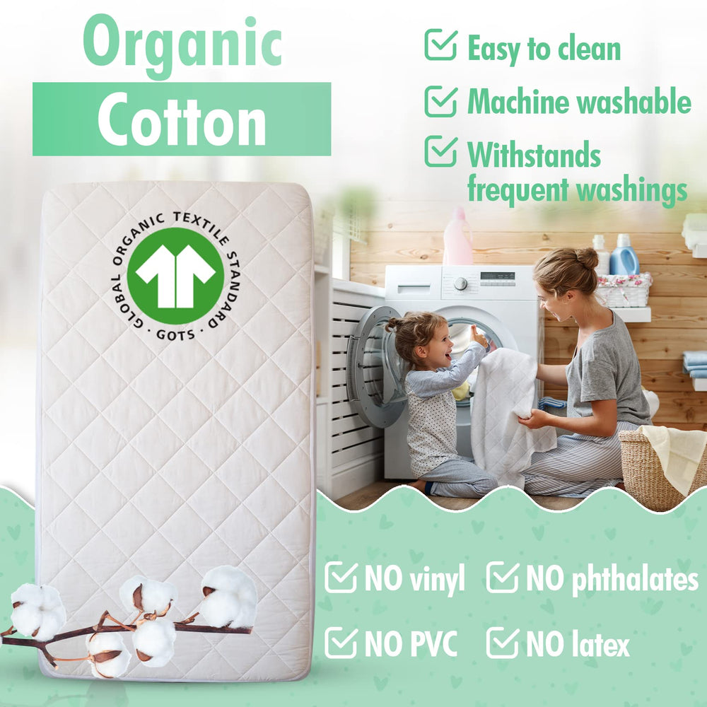 Generic waterproof crib mattress protector close-up highlighting leak protection
