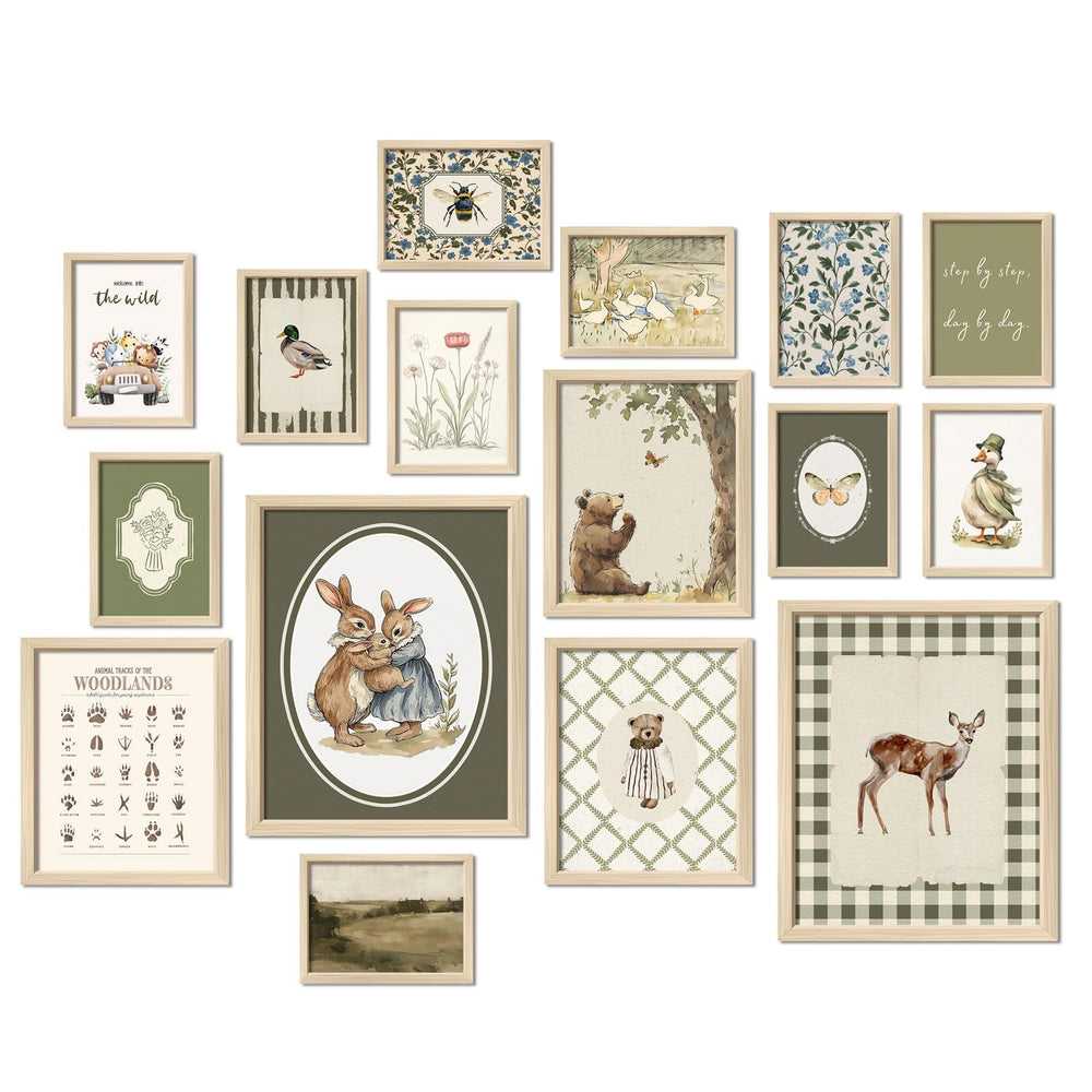 Generic woodland nursery wall art bear print enhances cozy nursery ambience.