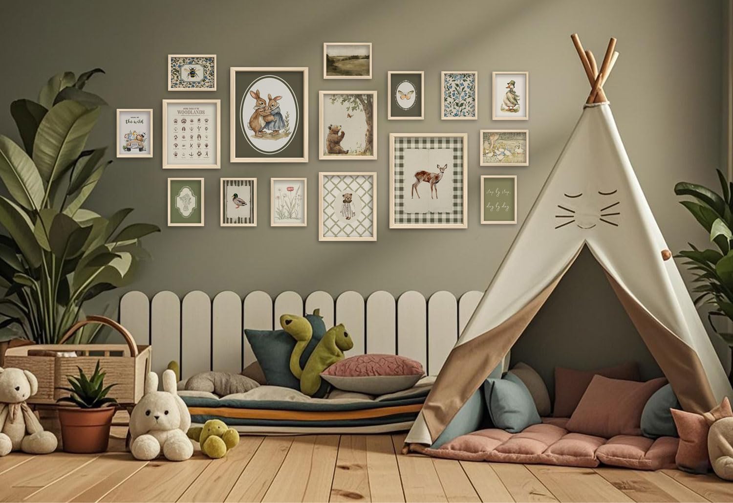 Generic sage-green border print enhances gallery wall harmony and balance.