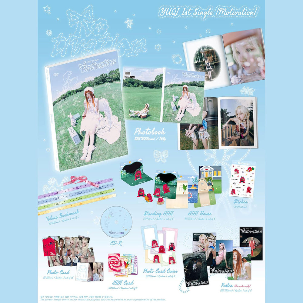 Generic YUQI Motivation standing doll and photo cards for shelf display and gifting.