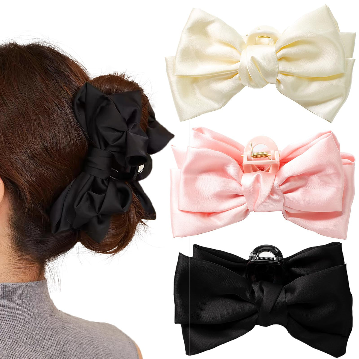 GeoGeoDIY 3pc large satin bow clips secure and stylish.