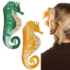 GeoGeoDIY hippocampus claw clip in green shows strong hold for hair styling