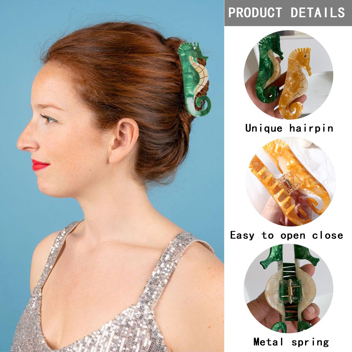 GeoGeoDIY seahorse hair clip packaging with two colors green and yellow
