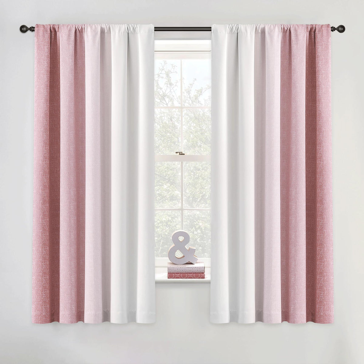 Geomoroccan ombre curtains pink-white gradient provide stylish room darkening and privacy.