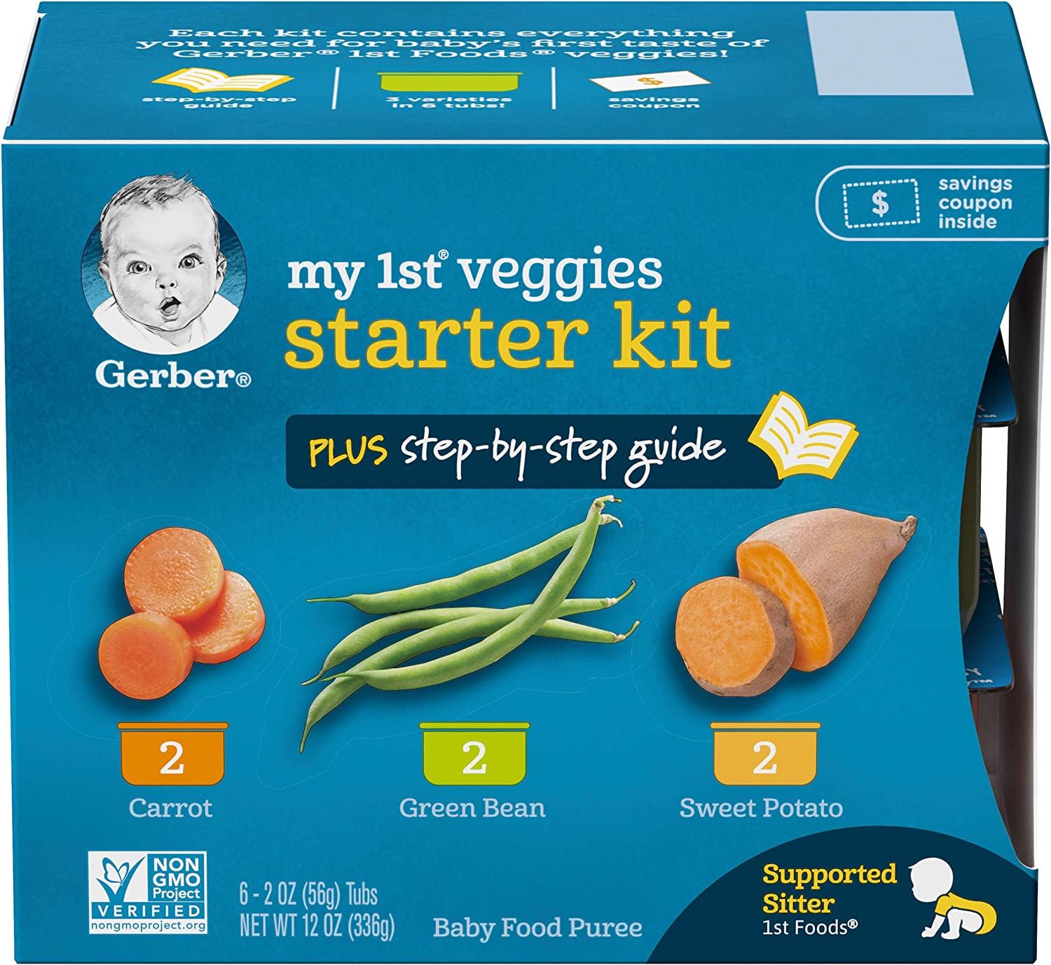 Gerber baby feeding time with spoon and tub for easy self-feeding.