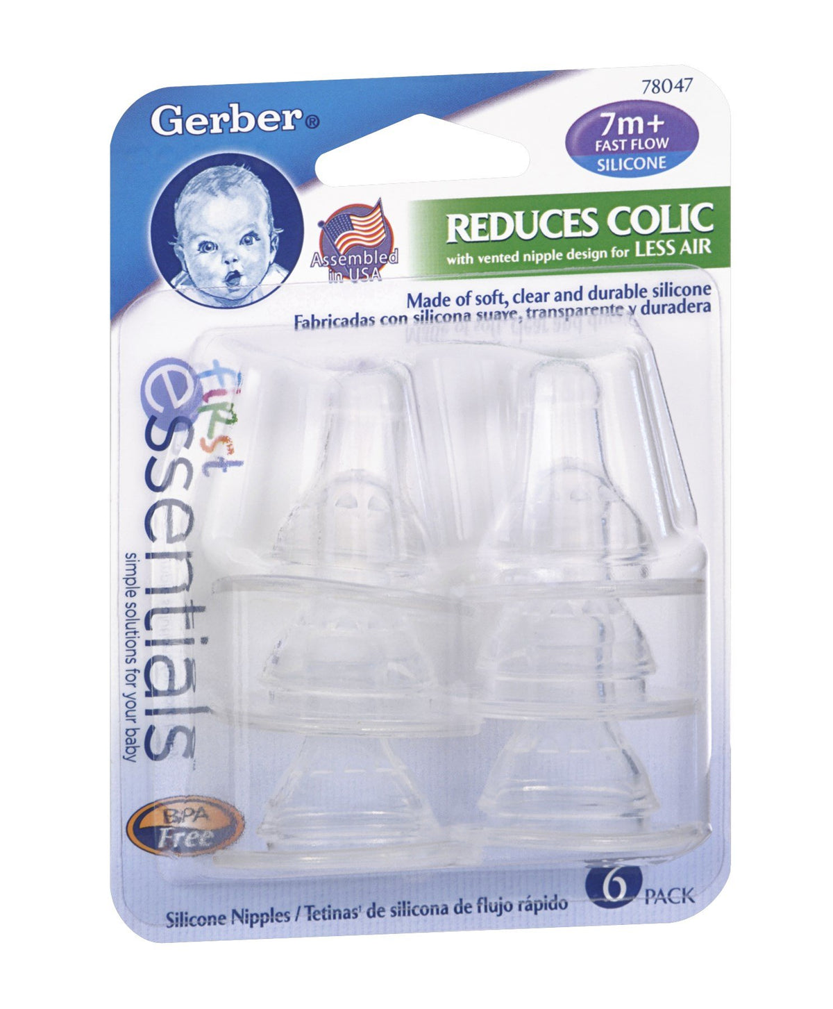Gerber First Essential silicone nipples fast flow six-pack showing vented design for smoother feeding