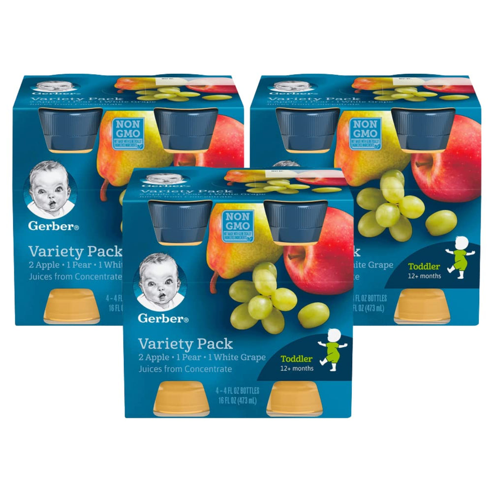 Gerber Juice Fruit apple juice bottle trio for family hydration.