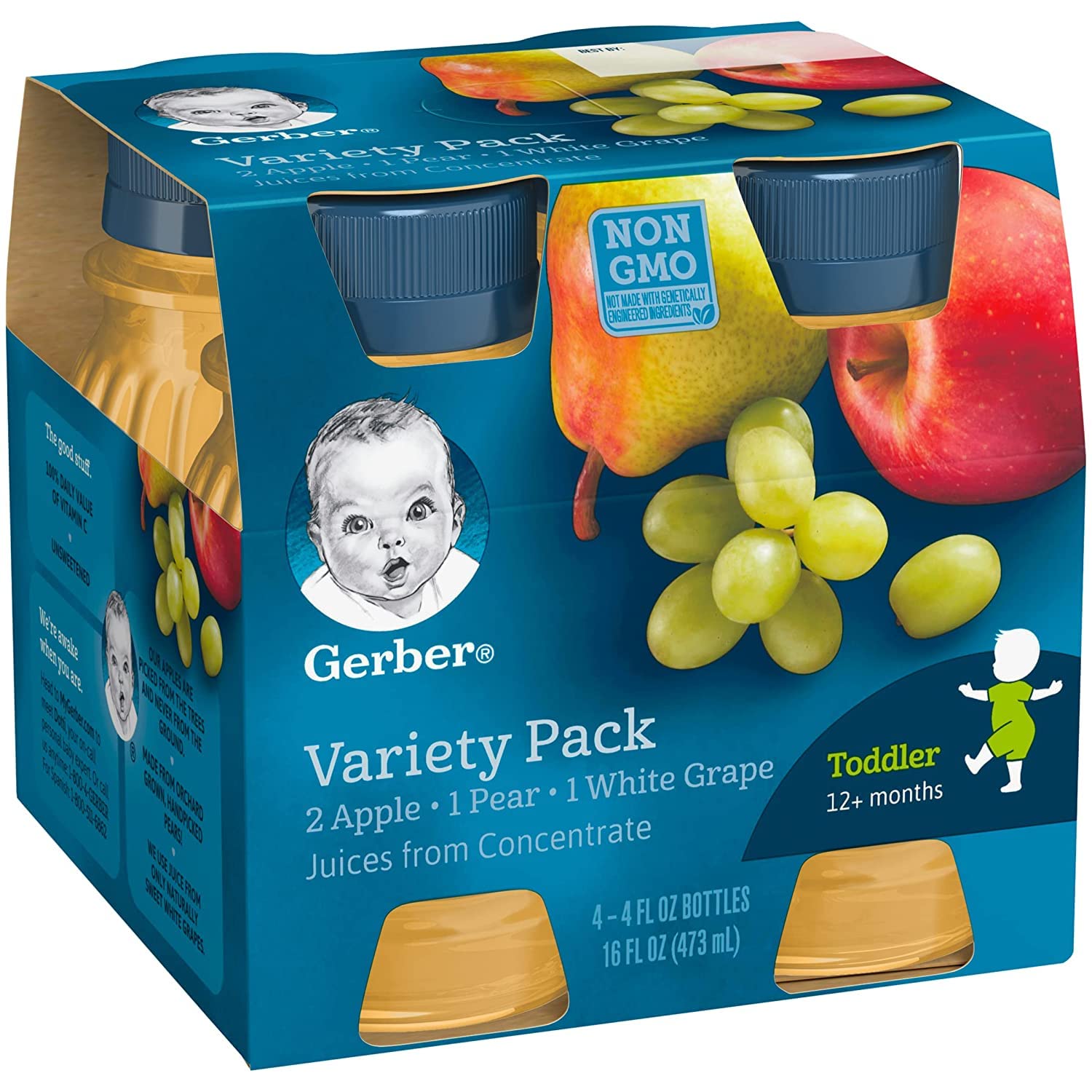 Gerber Juice Fruit ingredients reveal apples, pears, and white grapes for flavor variety.