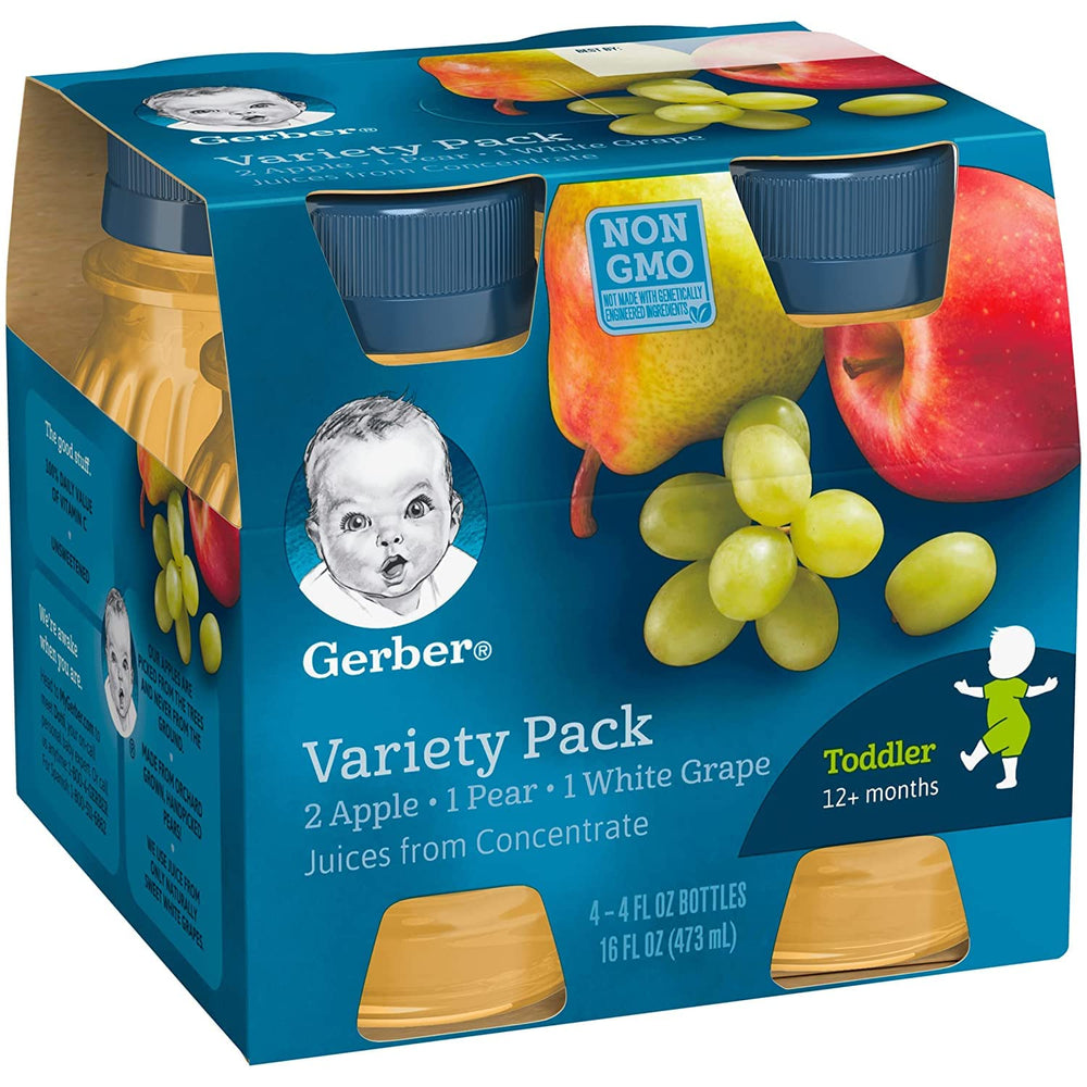 Gerber Juice Fruit ingredients reveal apples, pears, and white grapes for flavor variety.