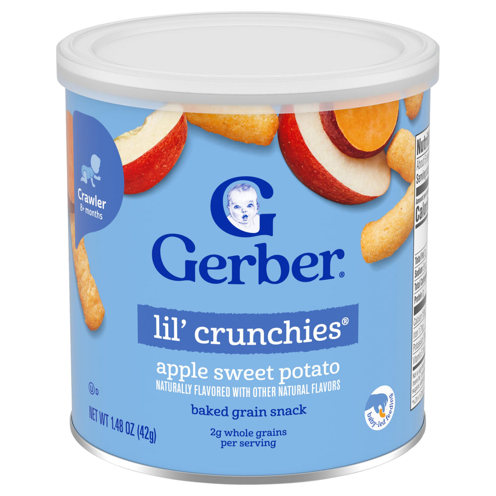 Gerber Lil' Crunchies child-hand imagery demonstrating easy-to-hold shape for self-feeding practice.