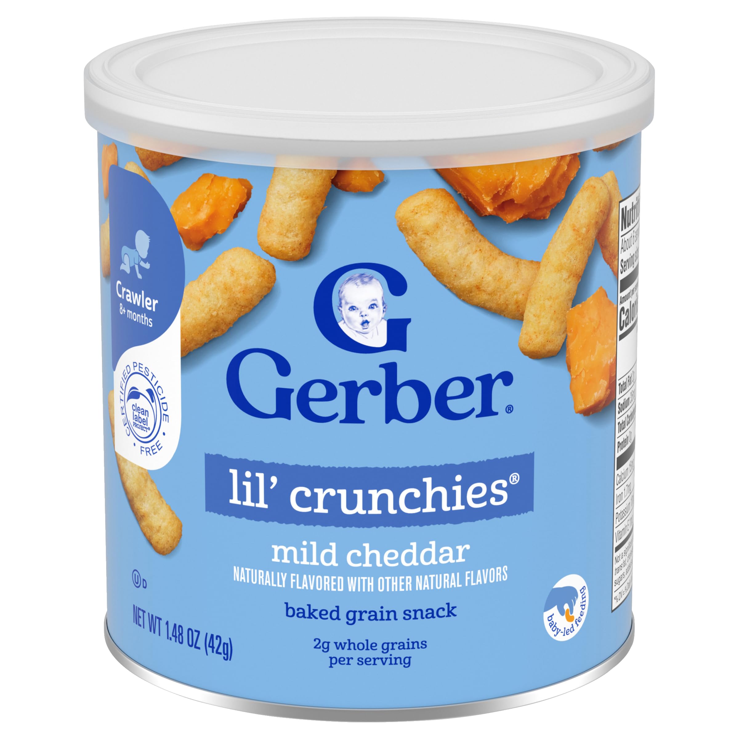 Gerber Lil' Crunchies Mild Cheddar packaging image with snack-time appeal for babies.