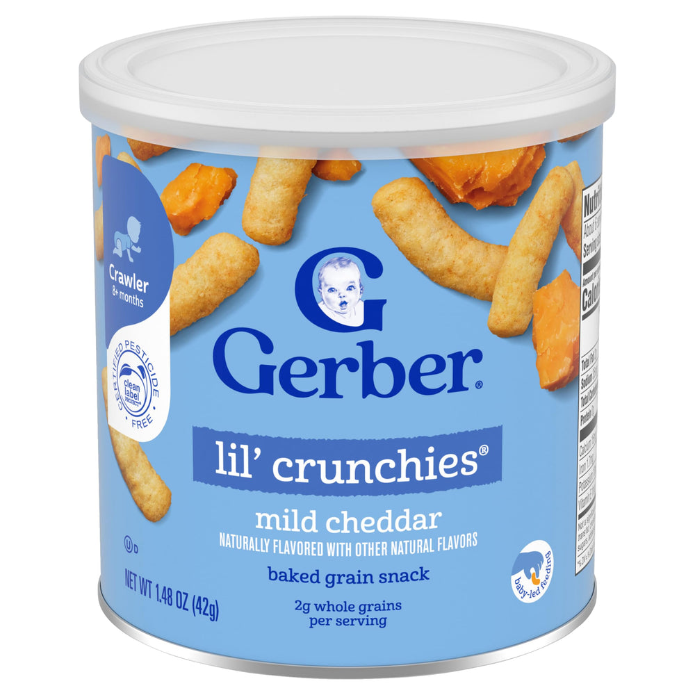 Gerber Lil' Crunchies Mild Cheddar packaging image with snack-time appeal for babies.