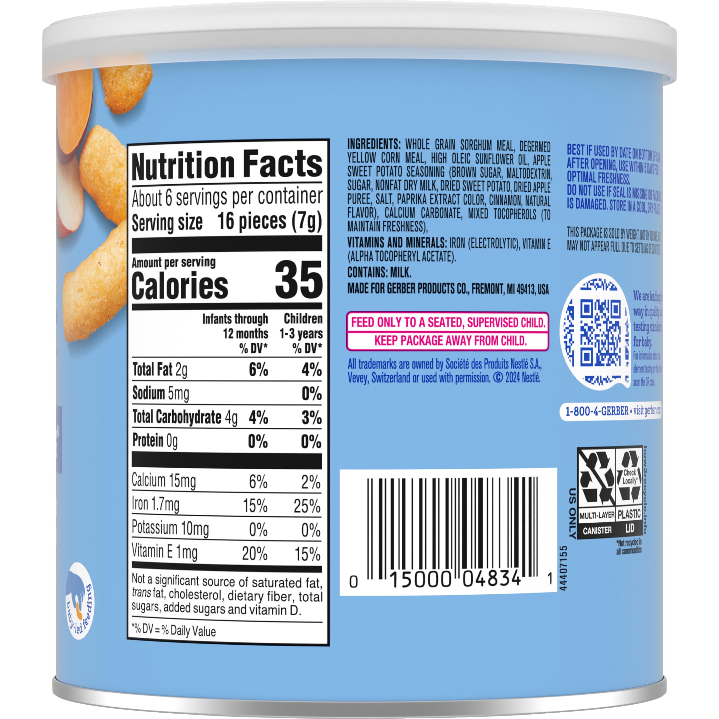 Gerber Lil' Crunchies nutrition label closeup noting iron and vitamin E content.