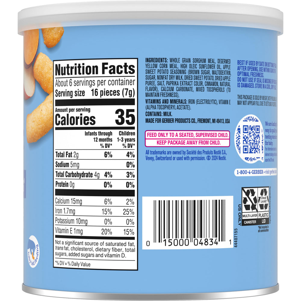Gerber Lil' Crunchies nutrition label closeup noting iron and vitamin E content.