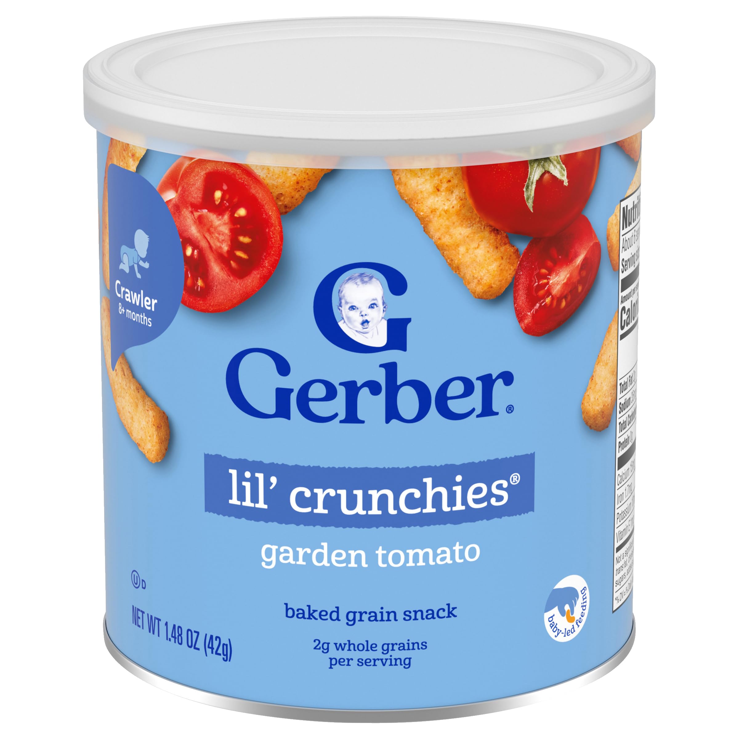 Gerber Lil' Crunchies six-pack display highlighting convenient resealable canister for freshness.