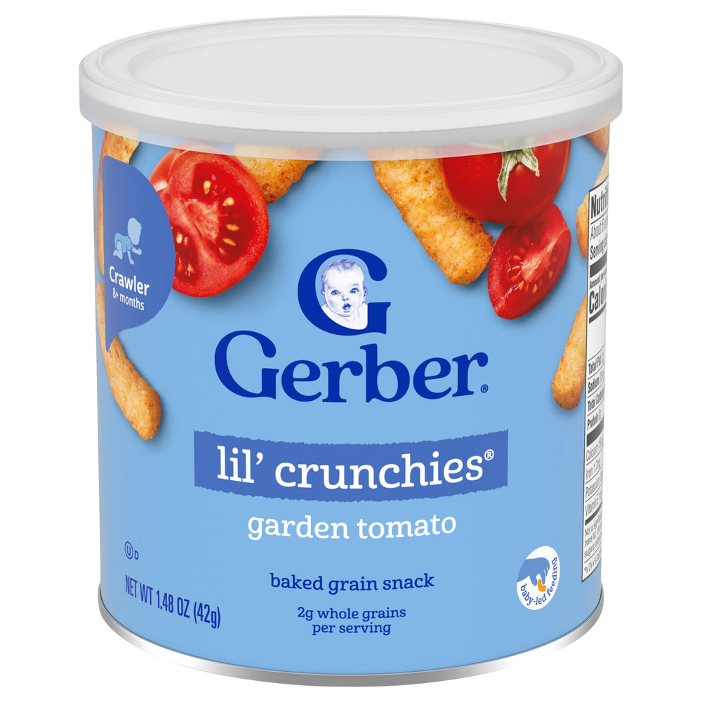 Gerber Lil' Crunchies six-pack display highlighting convenient resealable canister for freshness.