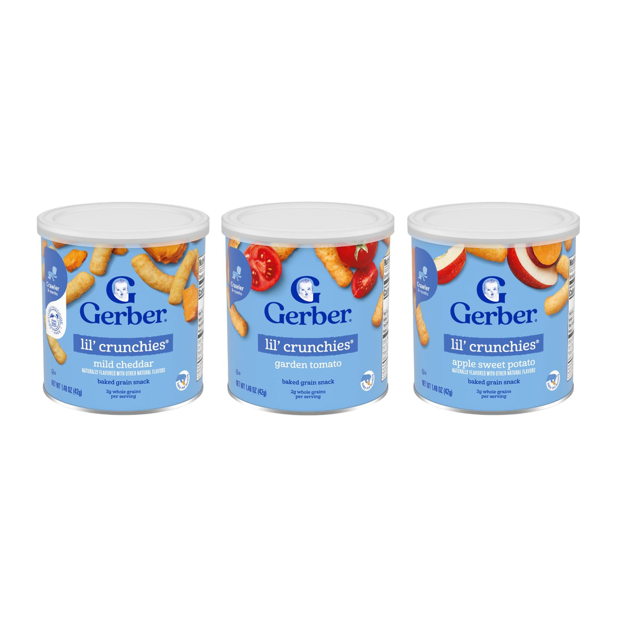 Gerber Lil' Crunchies variety-pack closeup highlighting flavors for on-the-go baby snacking.
