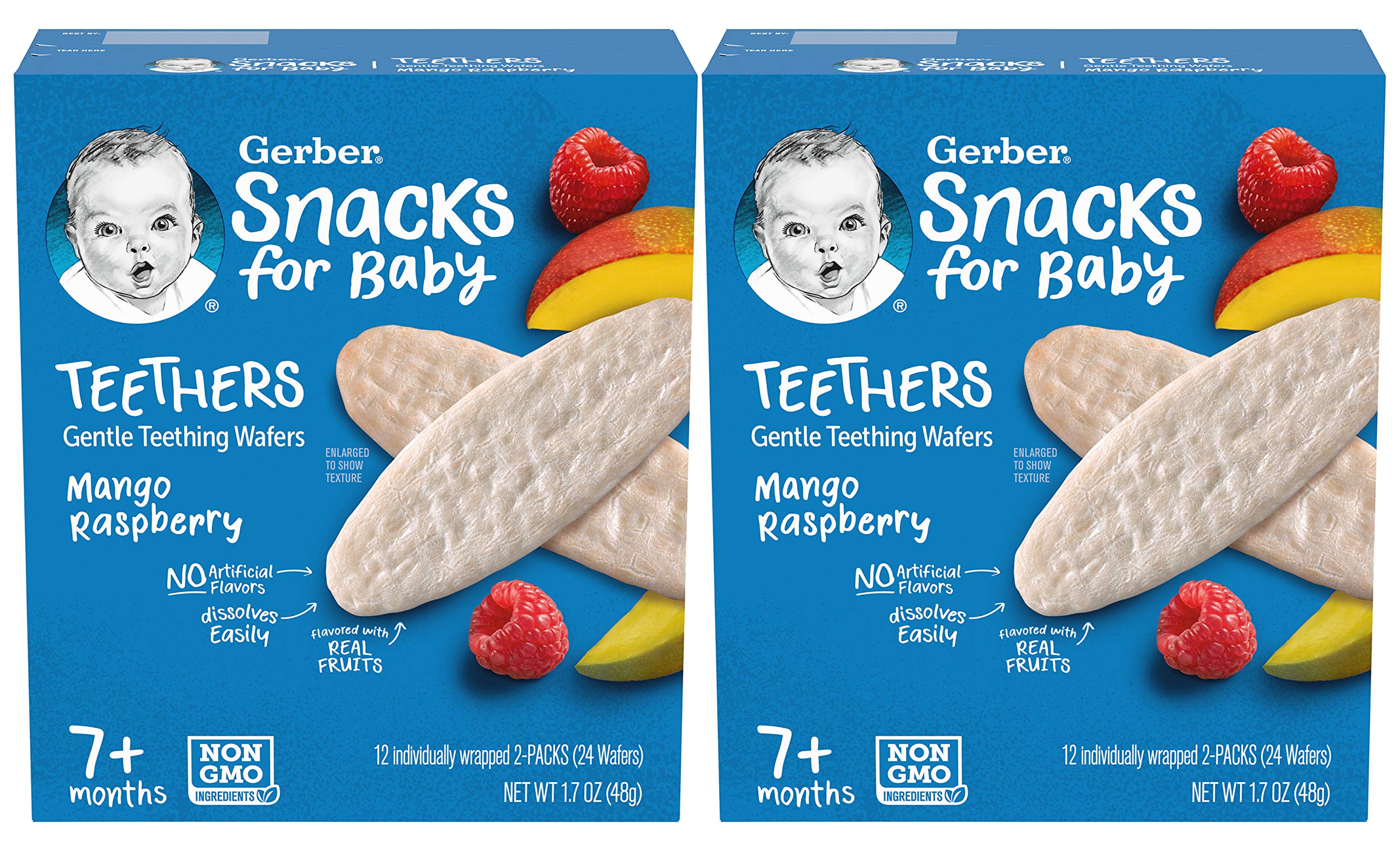 Gerber Mango Raspberry teething wafer closeup showing real fruit flavor for soothing gums