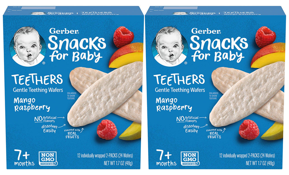 Gerber Mango Raspberry teething wafer closeup showing real fruit flavor for soothing gums