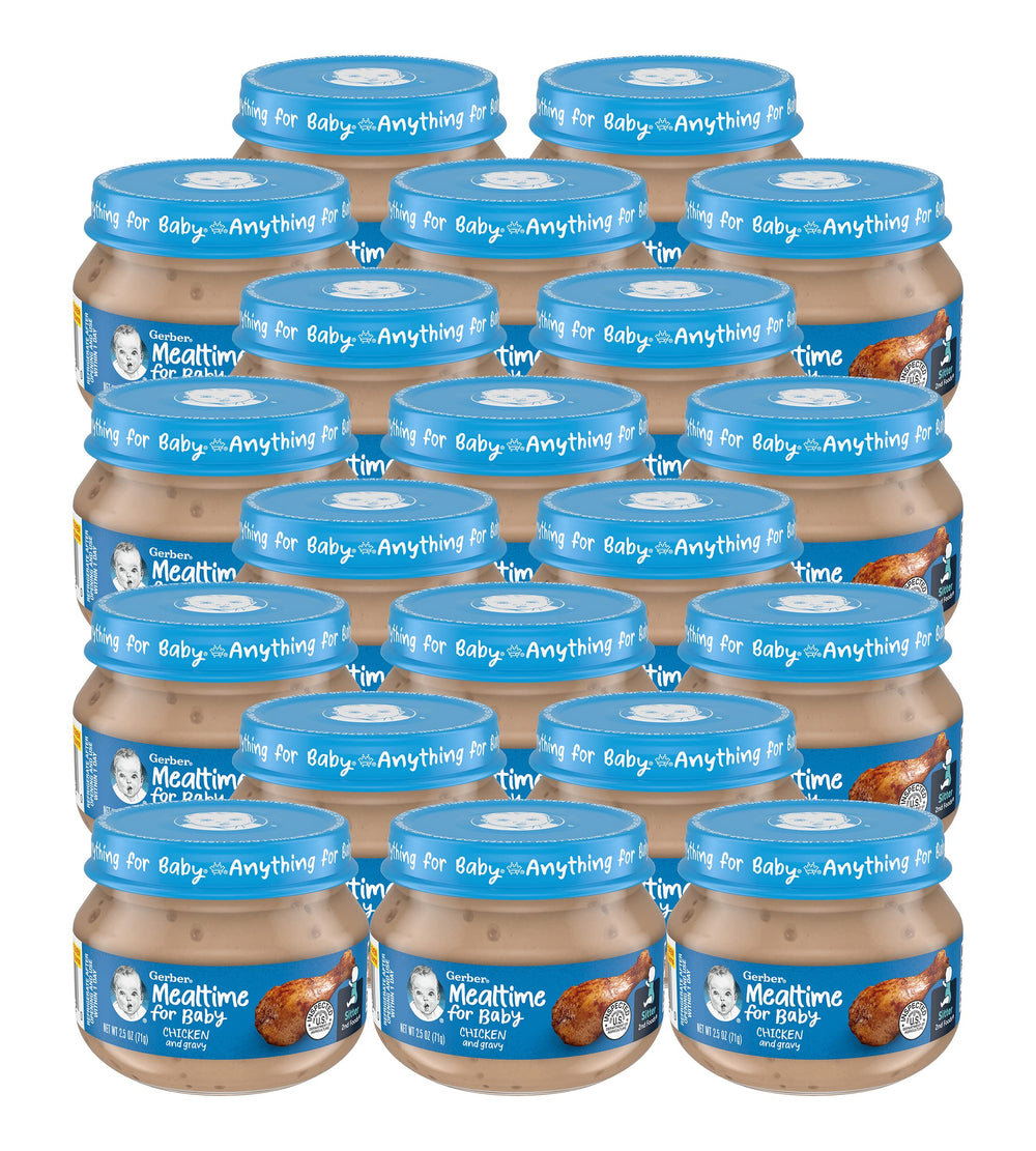 Gerber Mealtime Chicken & Gravy jar front label shows non-GMO verification for growing babies.