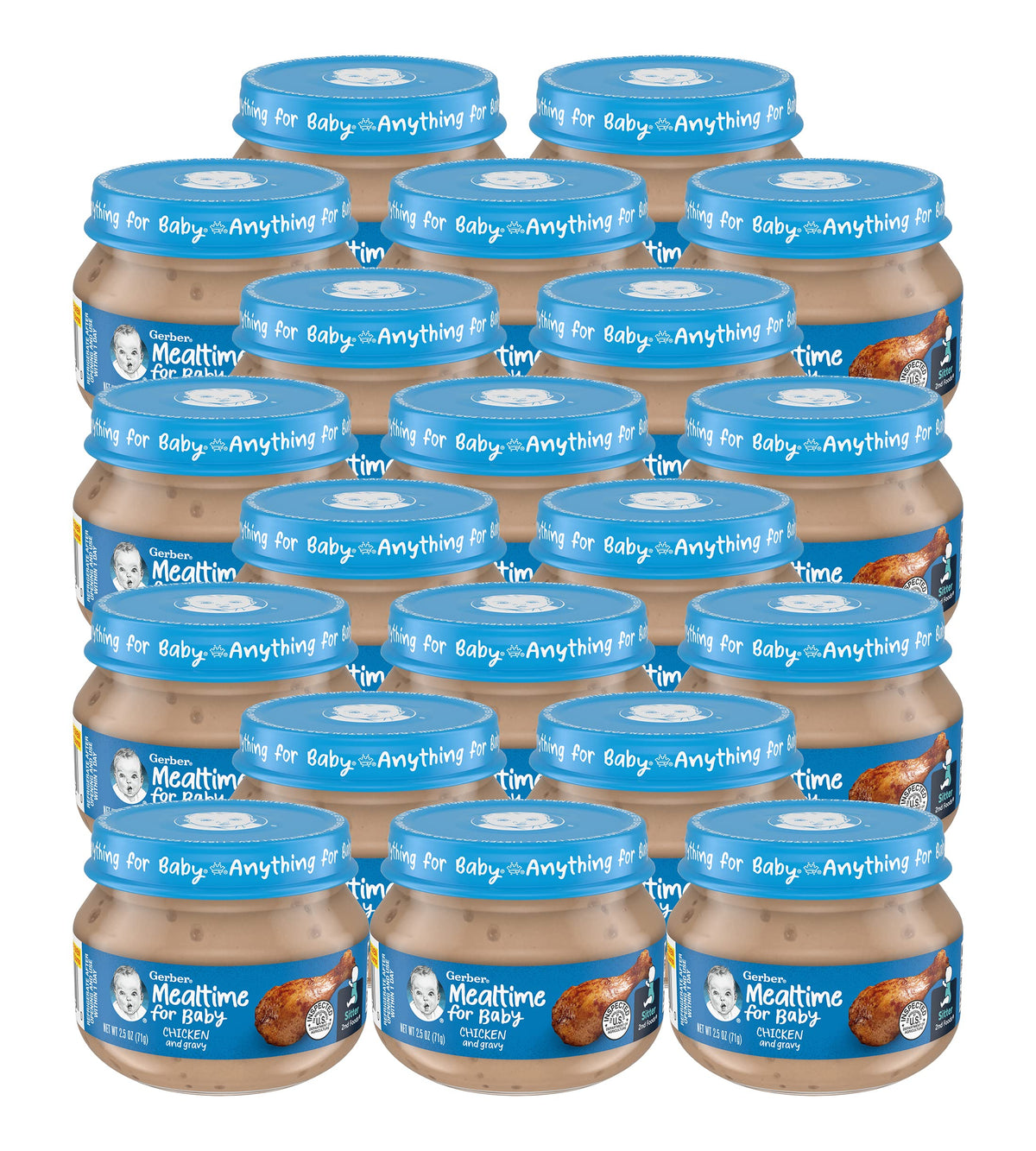Gerber Mealtime Chicken & Gravy jar front label shows non-GMO verification for growing babies.