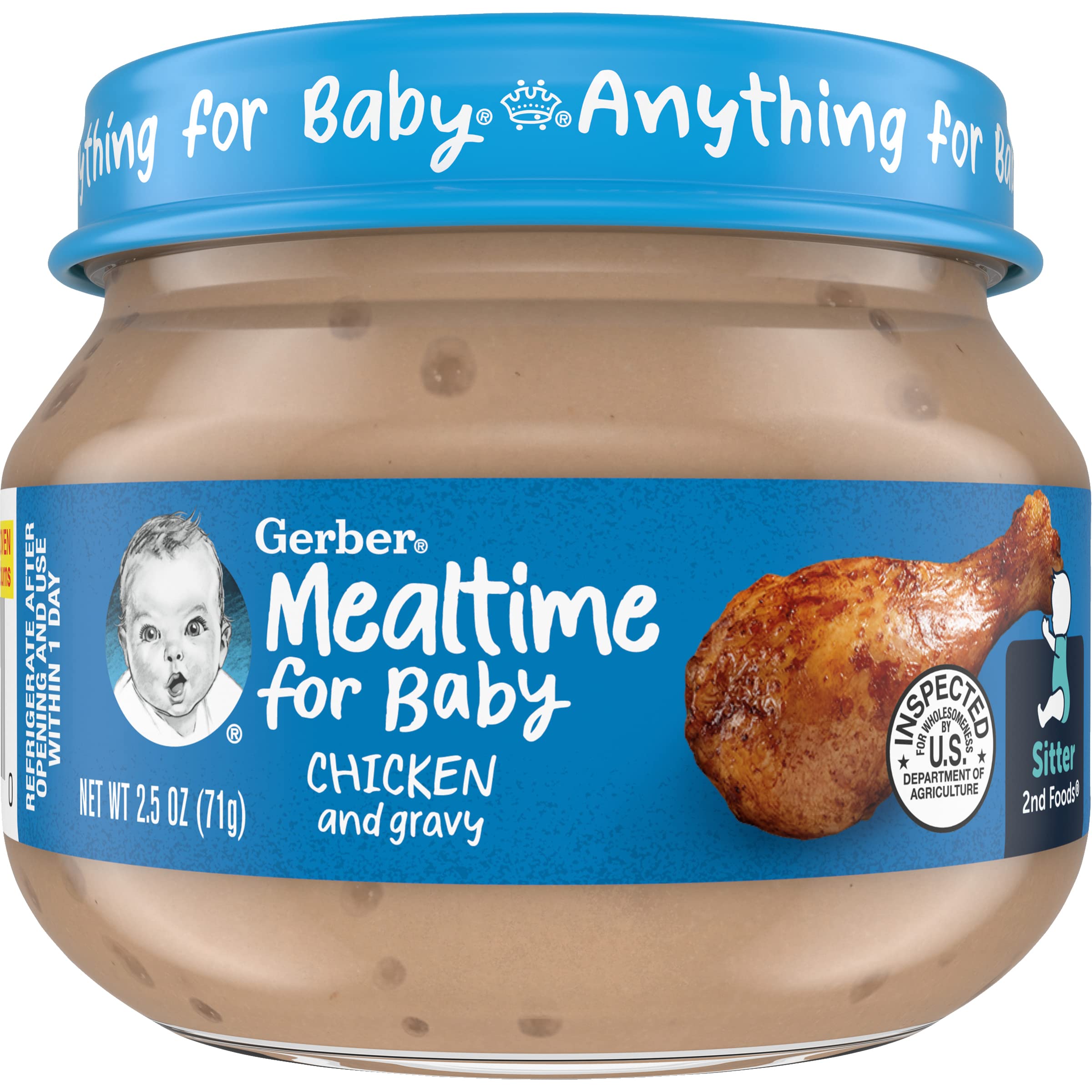 Gerber Mealtime Chicken & Gravy jar side pour demonstrates smooth texture for spoon feeding.