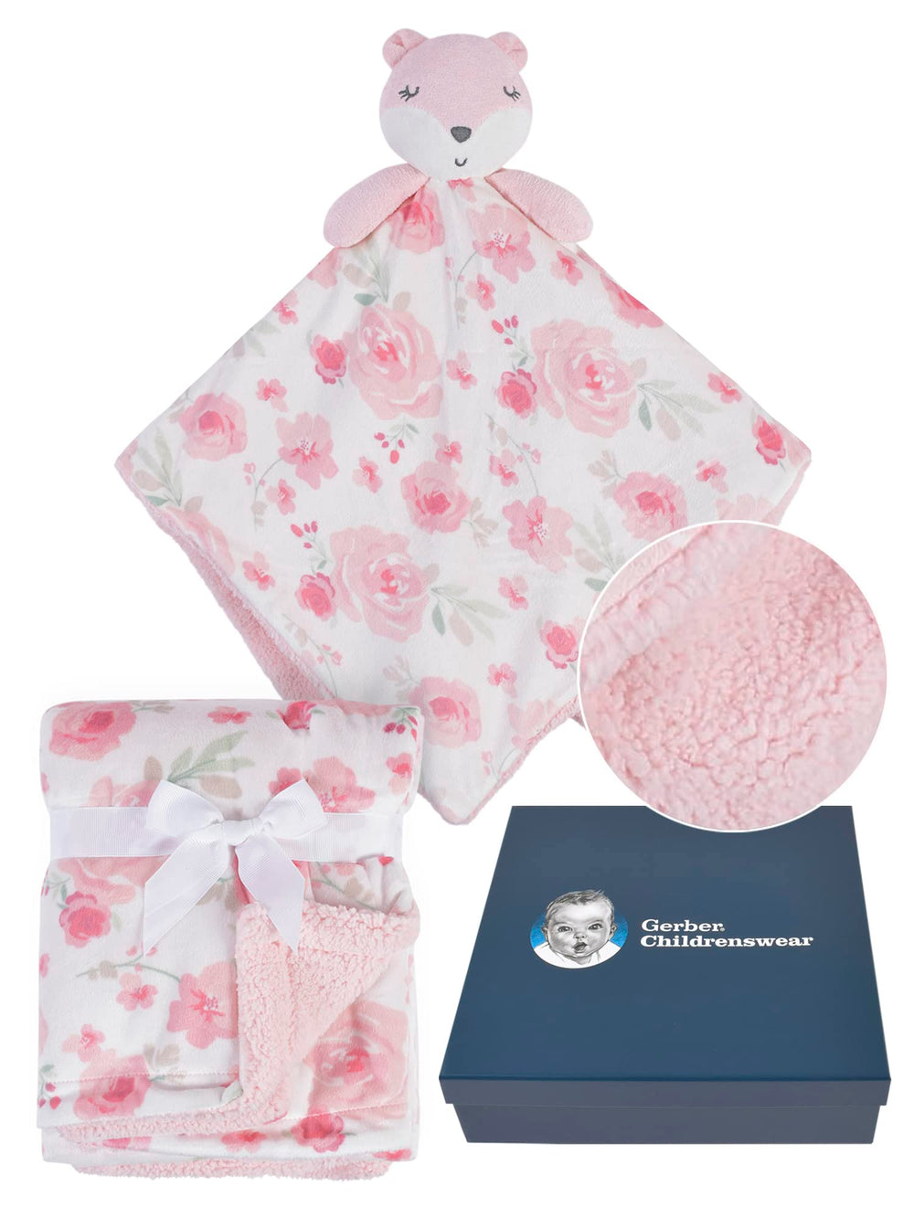 Gerber pink and white color scheme enhances cute baby presentation.