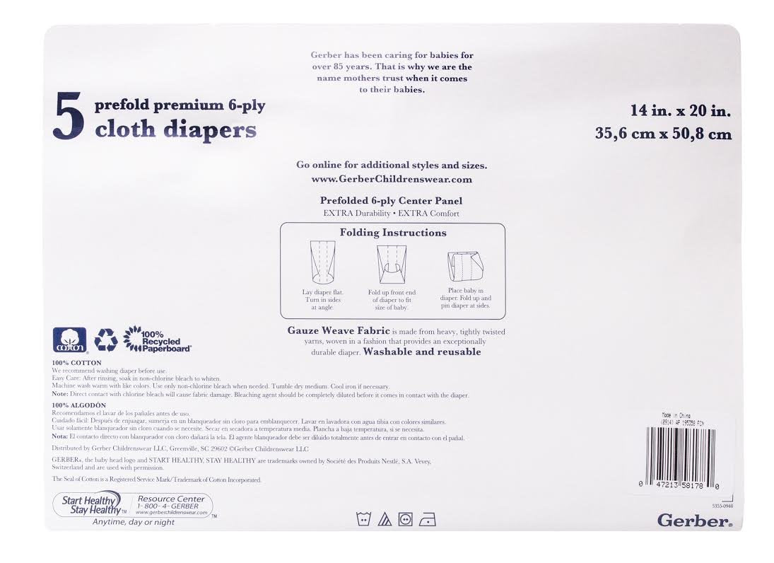 Gerber Prefold Premium 6-Ply Cloth Diapers reusable design for economical long-term use.