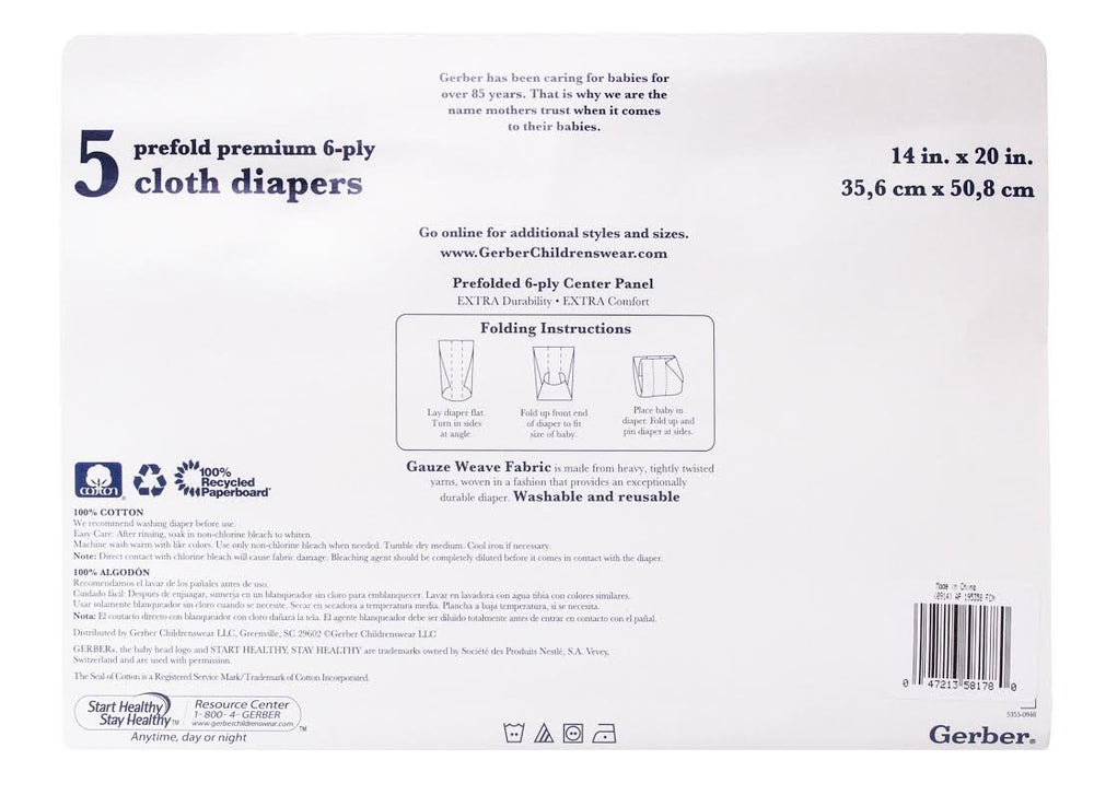 Gerber Prefold Premium 6-Ply Cloth Diapers reusable design for economical long-term use.