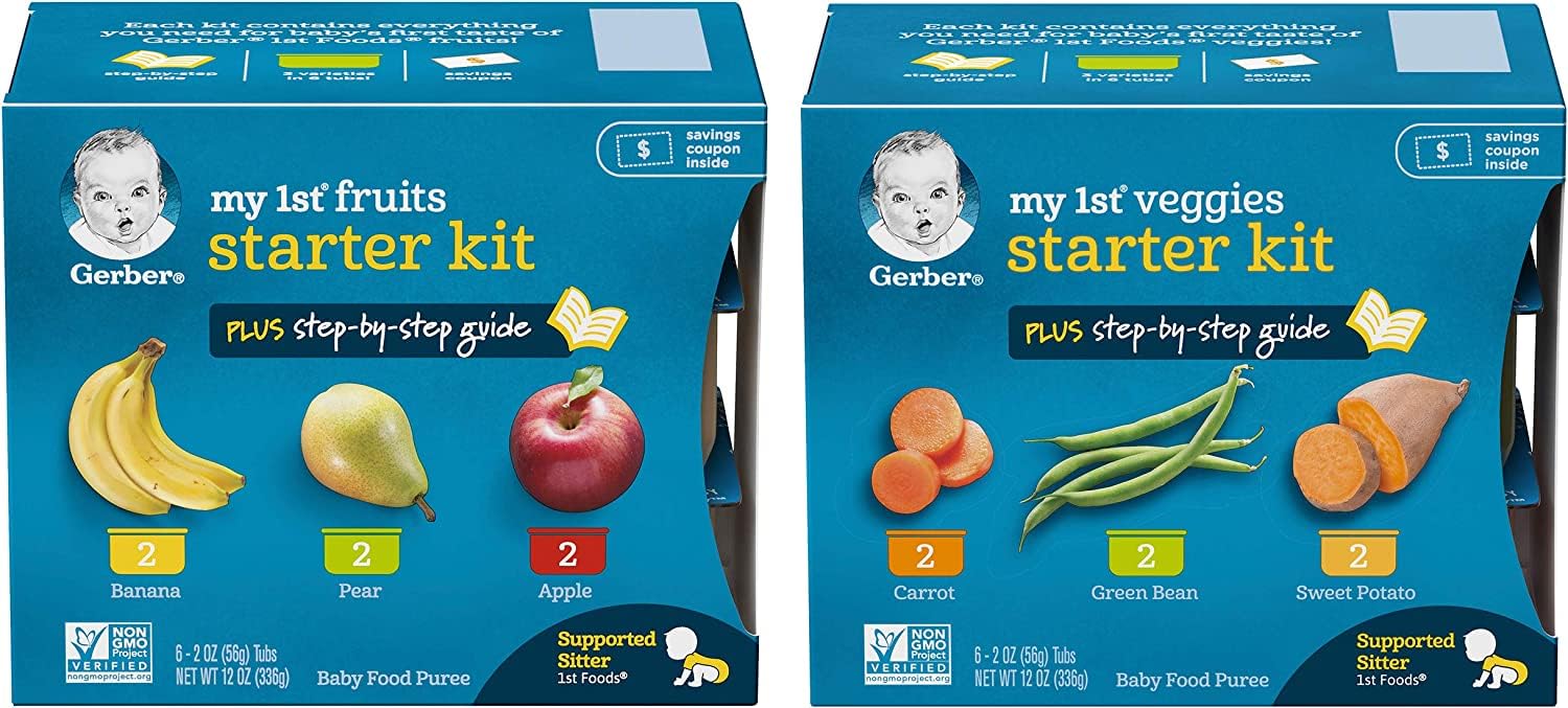 Gerber puree goodness shows non-GMO ingredients in tubs.