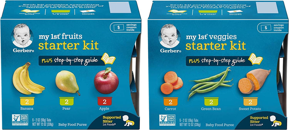 Gerber puree goodness shows non-GMO ingredients in tubs.