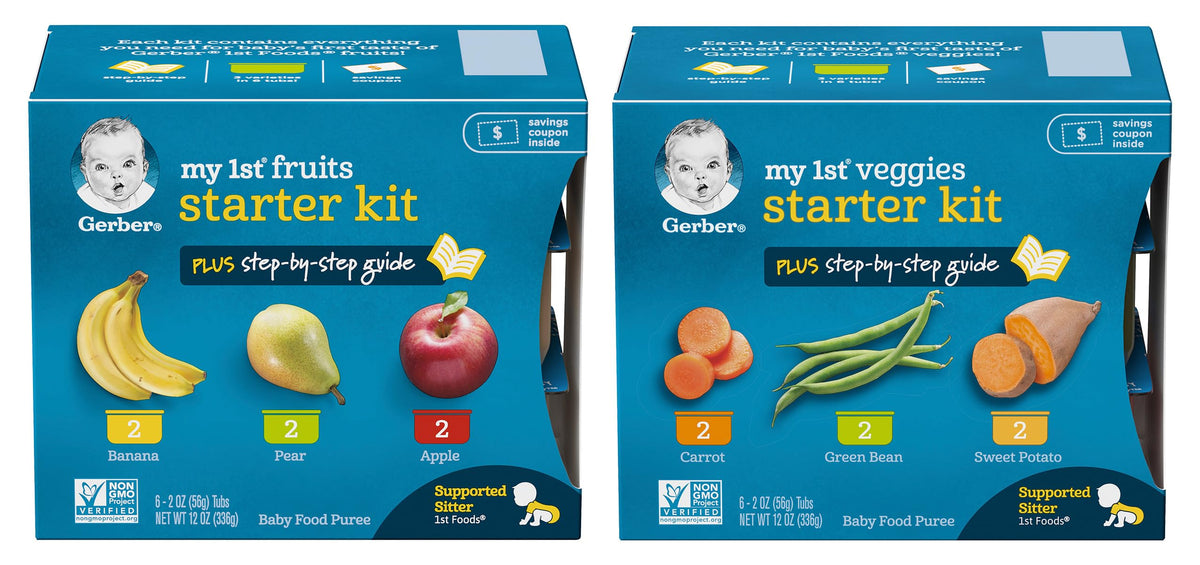 Gerber starter kit tubs closeup—smooth purees for first tastes.