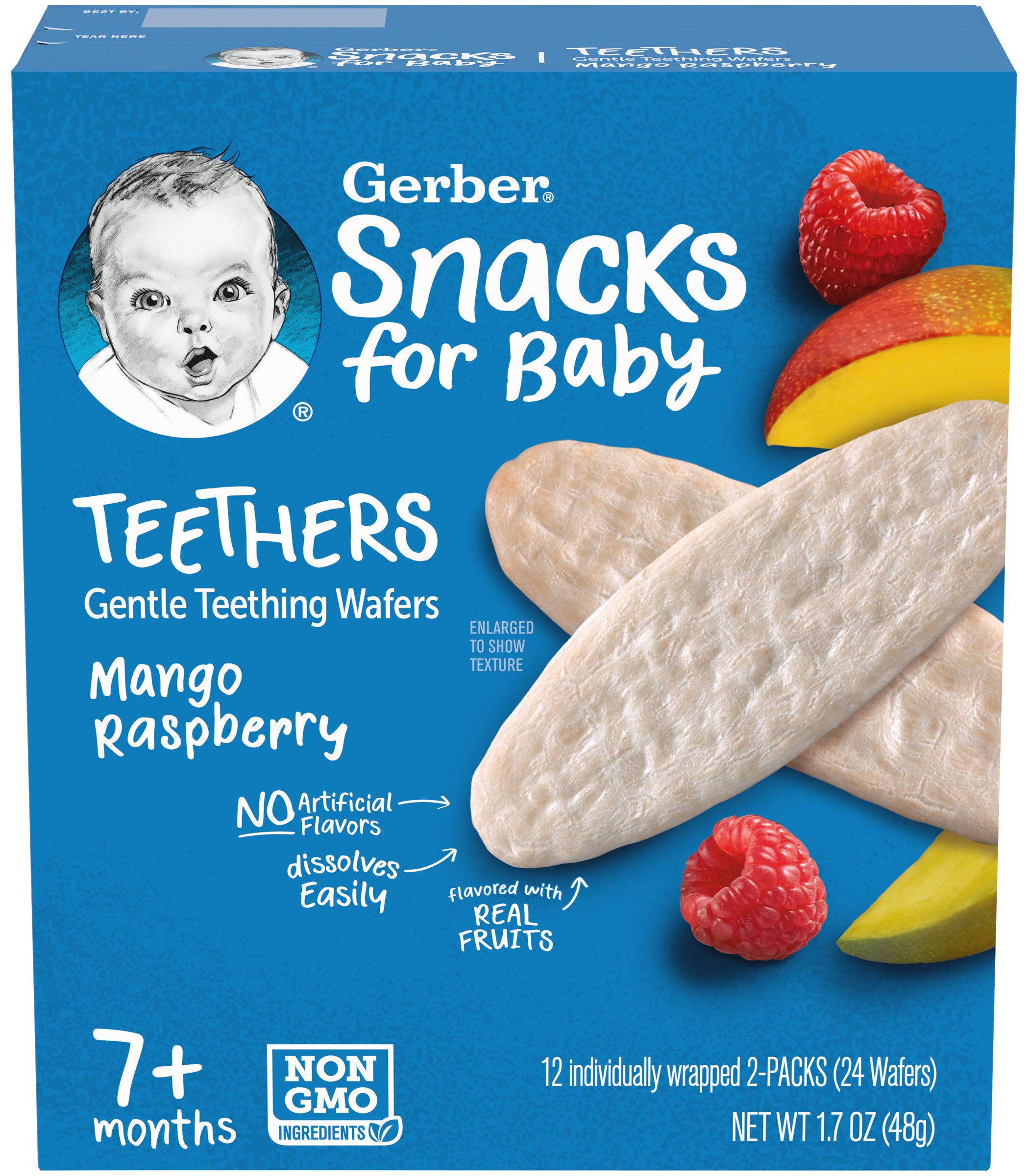 Gerber teething wafers packaging reveals 12 individual packs per box