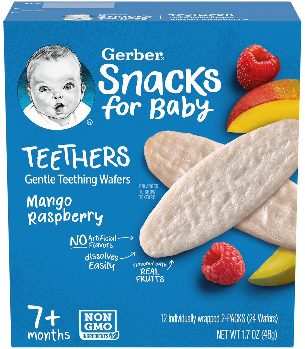 Gerber teething wafers packaging reveals 12 individual packs per box