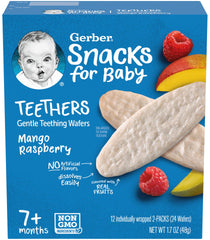 Gerber teething wafers packaging reveals 12 individual packs per box