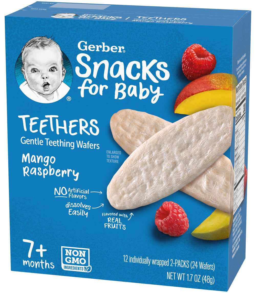 Gerber teething wafers made with real fruits and no artificial flavors