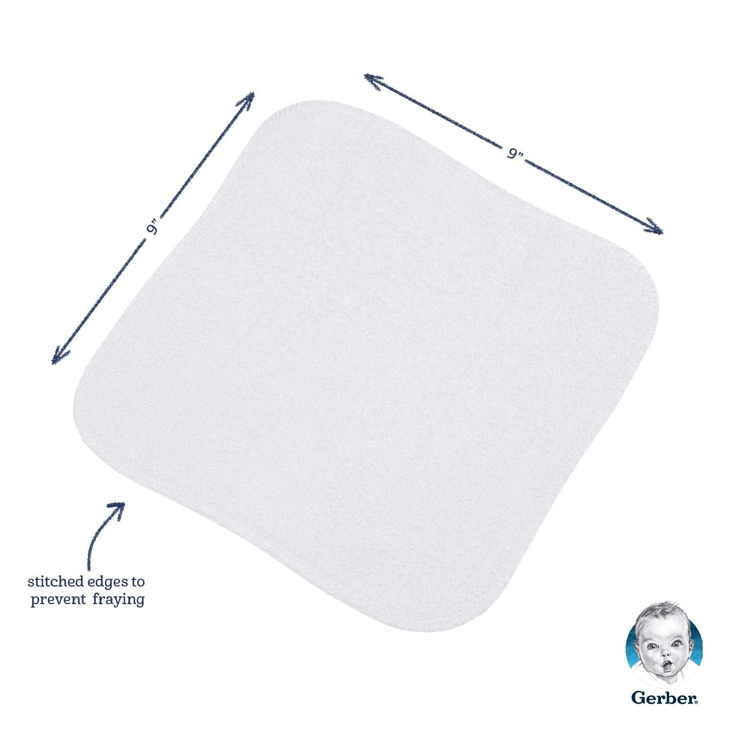 Gerber washcloth measures 9x9 inches for generous coverage