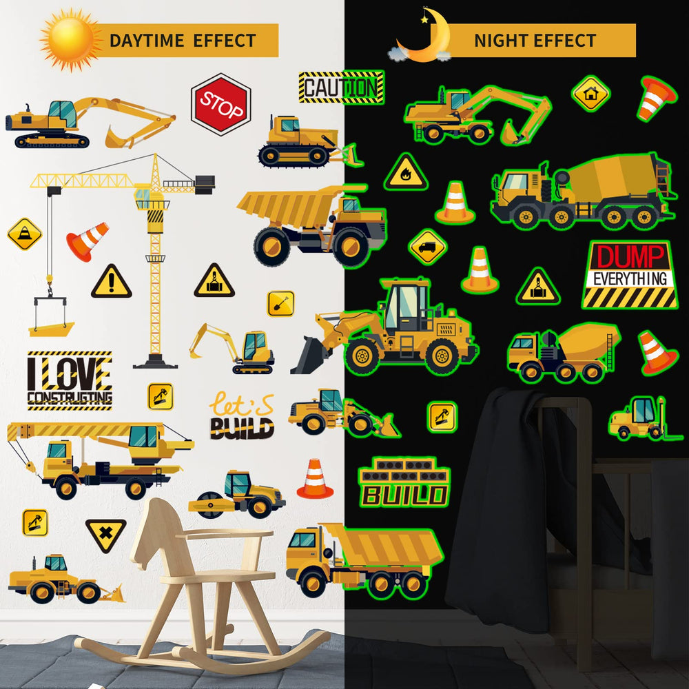 Gersoniel glow bulldozer sticker adds safe, reusable glow for playroom walls and furniture accents.