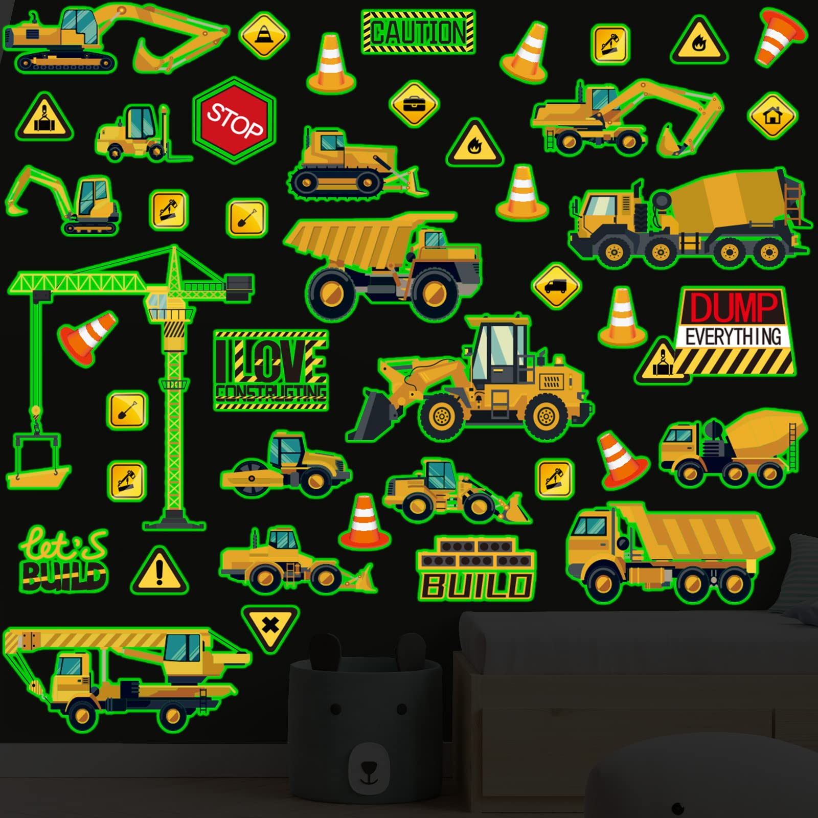 Gersoniel glow cement-mixer sticker brightens classroom or nursery surfaces with resilient luminous appeal.